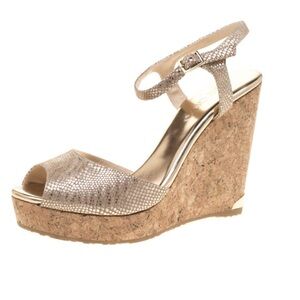 Jimmy Choo Metallic Gold Perla 120 Wedges Heels Sandals Shoes Size 39.5